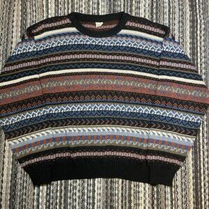 Vintage Sweater Mens Medium Gray Blue Wool Fair Isle Prisu Made in Italy
